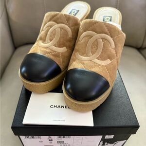 CHANEL Tan Suede Mules with Black Cap Toe